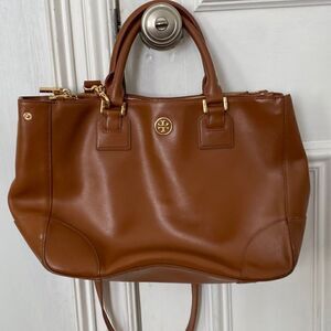 Tory Burch Women's Leather Robinson Double Zip Tote Large Camel Tan
